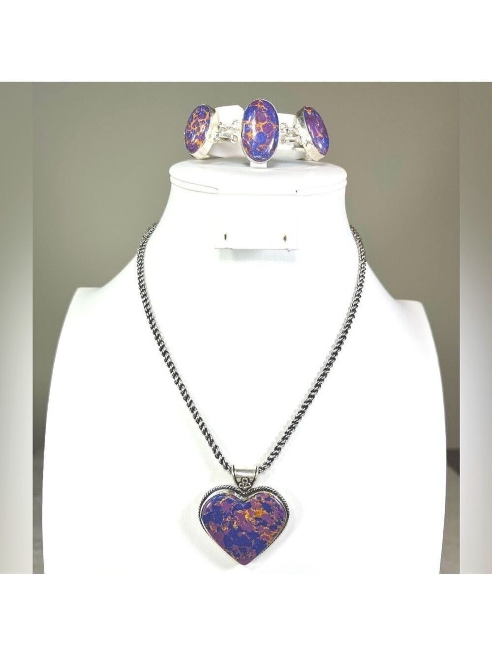 Mosaic Jasper & Turquoise 💜 Heart 925 Gemstone Pendant & Bracelet